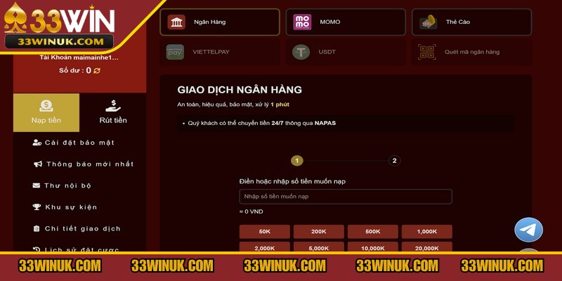 Giao dịch nạp tiền 33Win qua hình thức chuyển khoản ngân hàng