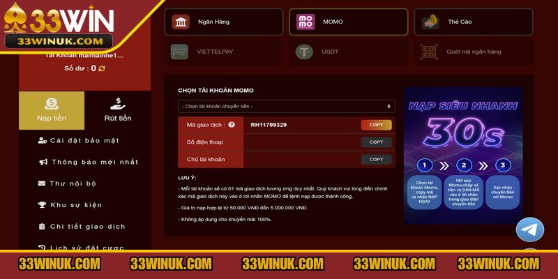 Lưu ý quan trọng khi tiến hành nạp tiền 33Win
